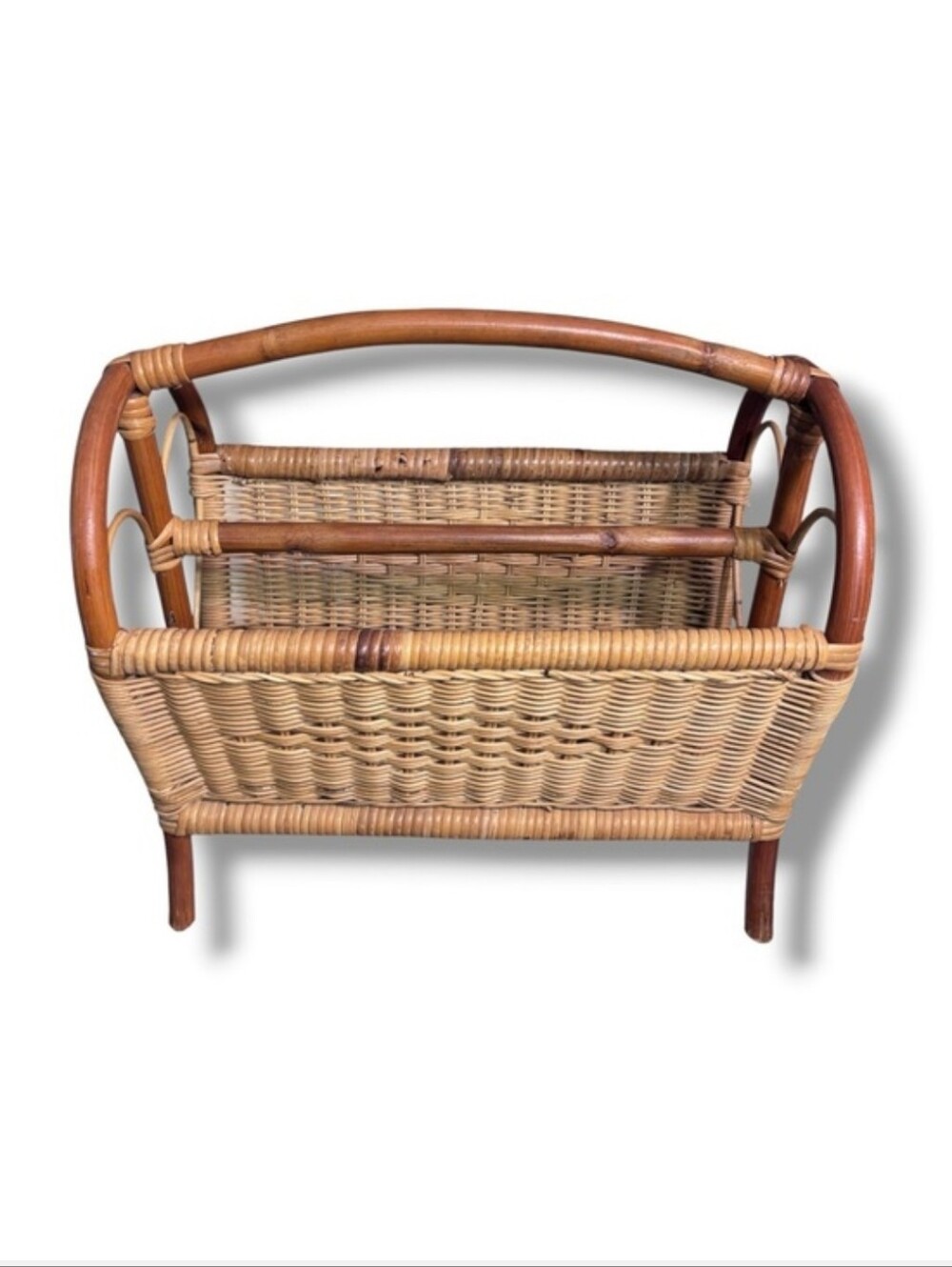 VINTAGE Bamboo Wicker Rattan Woven Magazine Holder Heart End Details